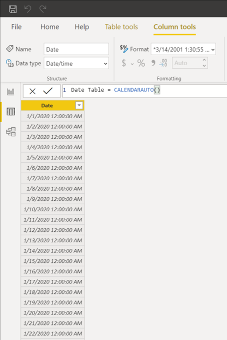 Power BI DAX Function CALENDARAUTO()